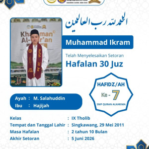 Muhammad Ikram Resmi Menuntaskan Hafalan 30 Juz, Menjadi Hafidz ke-7 SMP Quran Alkarima